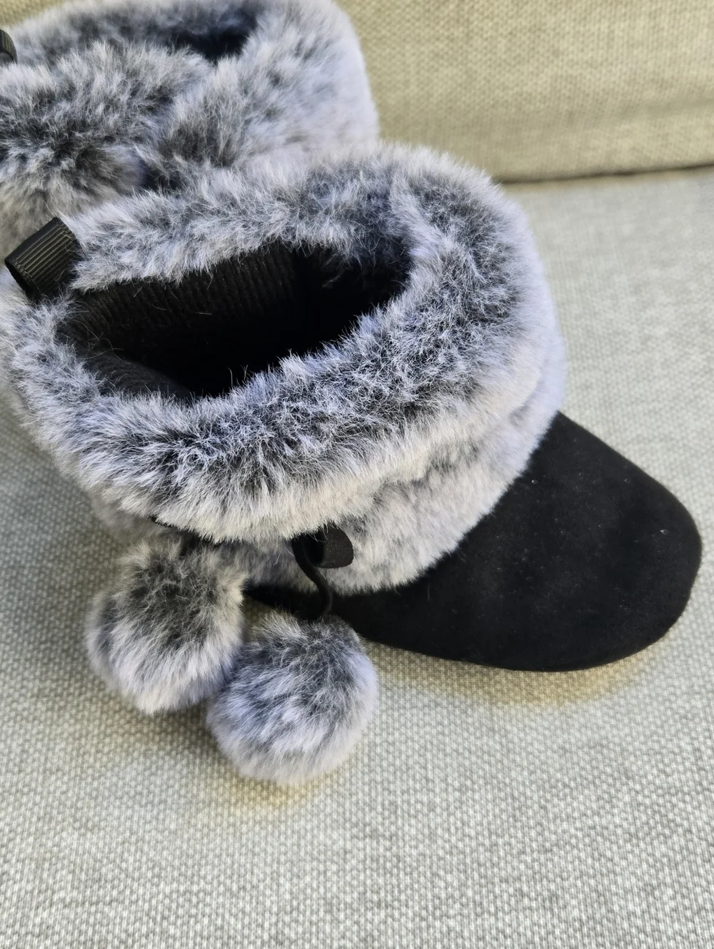 Stepping Stones Cozy Faux Fur Pom Pom Bootie Slippers - Gray and Black